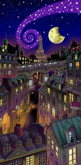 Vue de Paris la nuit, immeubles aux fenêtres allumées, Tour Eiffel en arrière-plan, la Lune dans le ciel étoilé et la Voie Lactée qui part en spirale