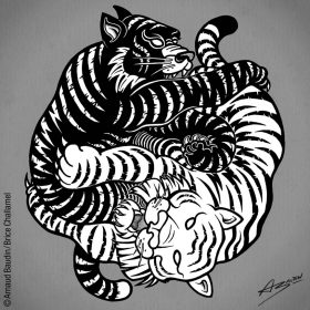Deux tigres, l'un noir, l'autre blanc, enlassés formant une figure de Yin et de Yang