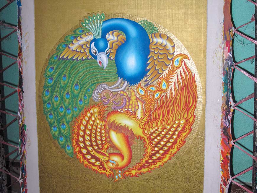 Brunissage de l'or en cours sur mon second Mandala du Phénix et du Paon