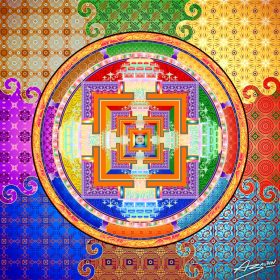 Composition graphique et géométrique colorée directement inspirée du mandala de Kalachakra - Un palais carré à étages dans des cercles concentriques