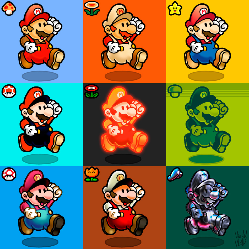 Les couleurs de Mario déclinées dans un tableau à neuf cases