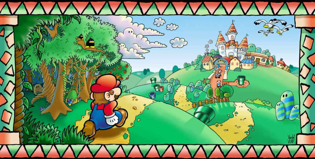 Un paysage verdoyant du royaume Champignon où Mario court vers la ville