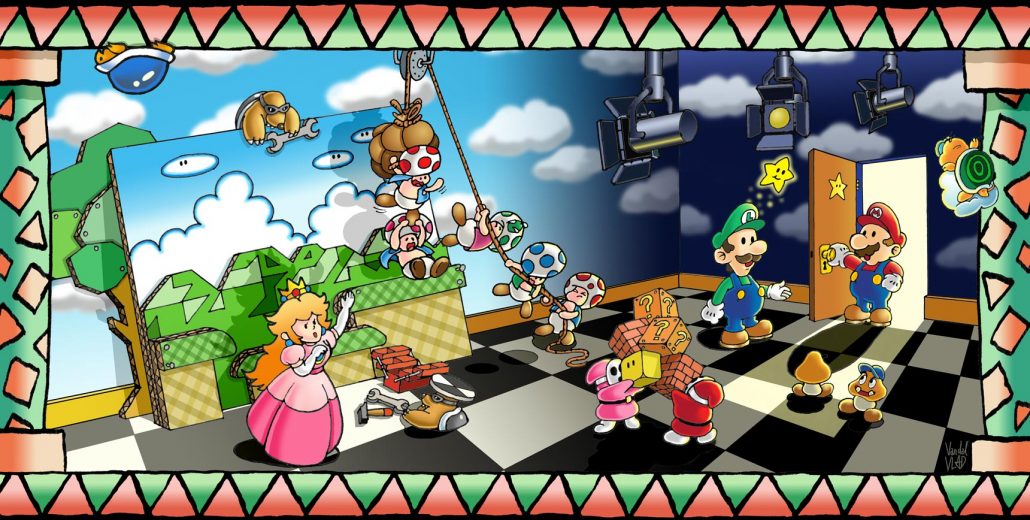 L'arrivée de Mario dans une pièce ressemblant à des coulisses où ses amis s'affairent